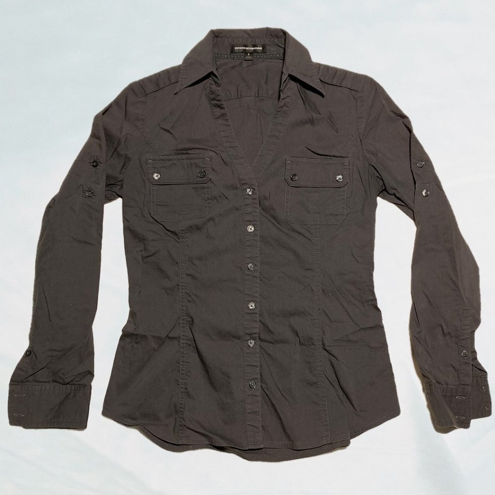 Express Design Studio Gray V-Neck Button Up